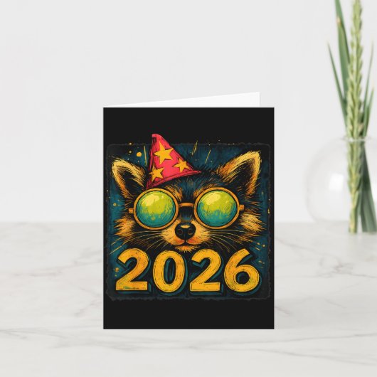 Funny Raccoon 2026 New Year Party Animal Celebrati カード (正面)