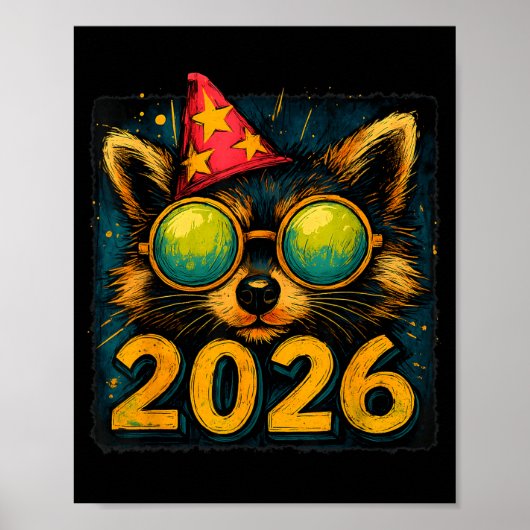 Funny Raccoon 2026 New Year Party Animal Celebrati ポスター (正面)