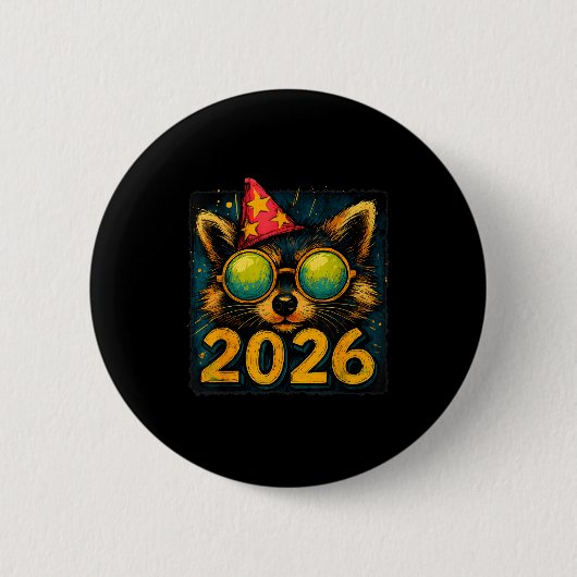 Funny Raccoon 2026 New Year Party Animal Celebrati 缶バッジ (正面)