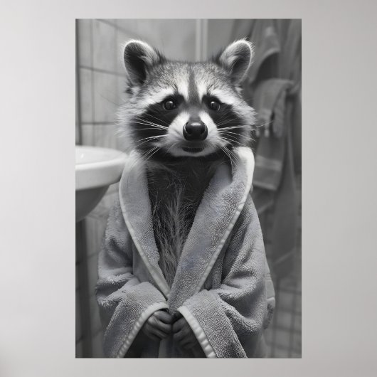 Funny Raccoon Bathrobe Print, Quirky Bathroom Wall ポスター (正面)
