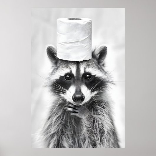 Funny Raccoon Bathroom Print, Toilet Paper Hat ポスター (正面)