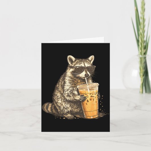 Funny raccoon drinking iced coffee animal meme men カード (正面)