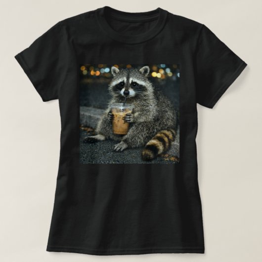 Funny Raccoon Drinking Iced Coffee — Cute Animal  Tシャツ (デザイン正面)