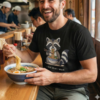 Funny Raccoon Eating Ramen "I Eat What I Want" Tシャツ