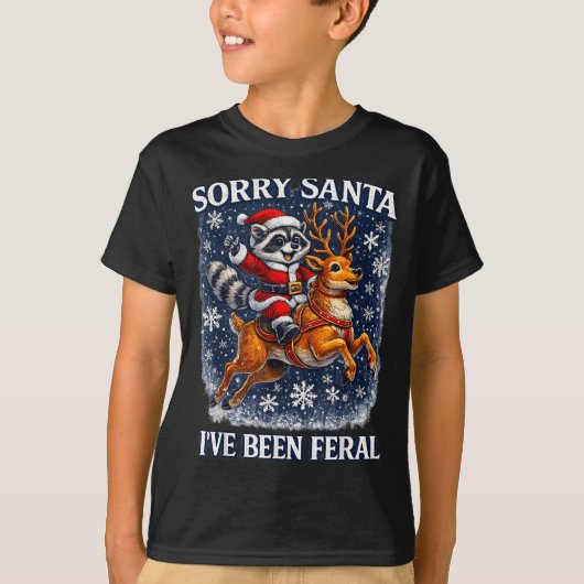 Funny Raccoon Riding Reindeer Sorry Santa Christma Tシャツ (正面)