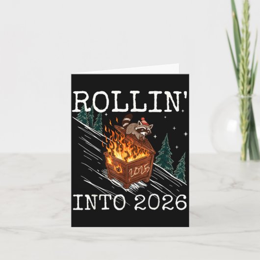 Funny Raccoon Rolling Into 2026 Retro New Year 202 カード (正面)