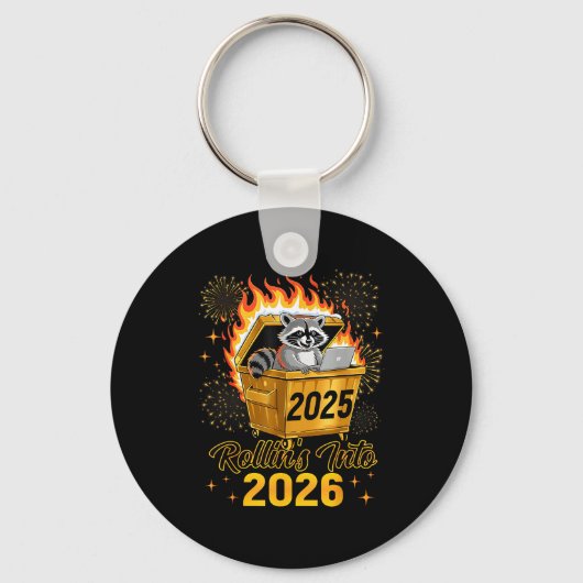 Funny Raccoon Rollin's Into 2026 New Year Matching キーホルダー (正面)