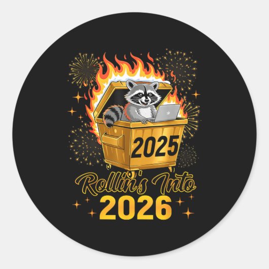 Funny Raccoon Rollin's Into 2026 New Year Matching ラウンドシール (正面)