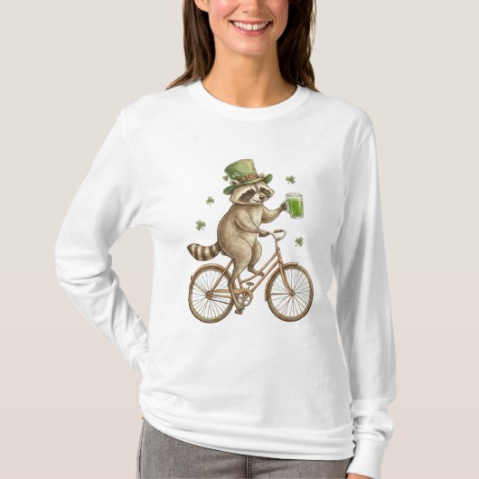 Funny Raccoon, St. Patrick's Day Irish Shamrock  Tシャツ (正面)