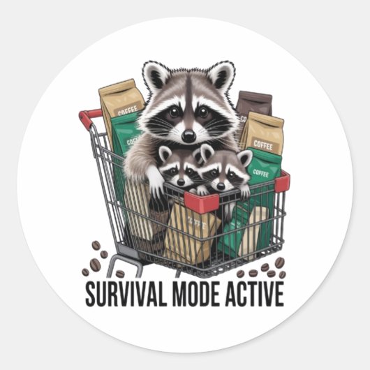Funny Raccoon Survival Mode Active Sticker - Coffe ラウンドシール (正面)