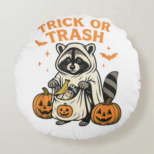 Funny Raccoon Trick or Trash Halloween ラウンドクッション (正面)