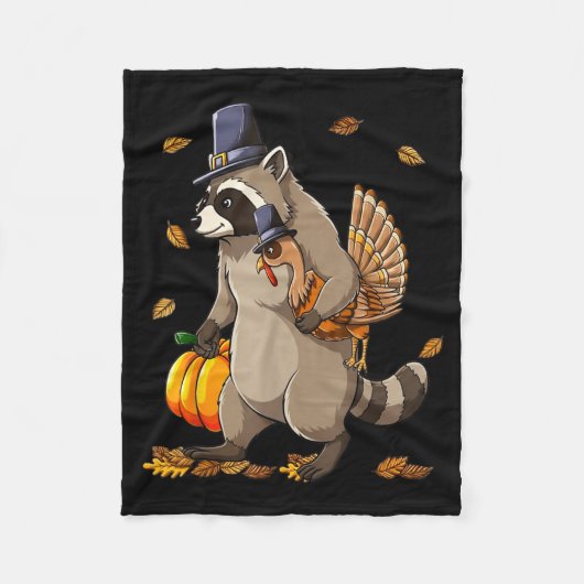 Funny Raccoon Turkey Pumpkin Thanksgiving Gift Men フリースブランケット (正面)