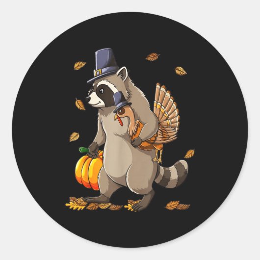 Funny Raccoon Turkey Pumpkin Thanksgiving Gift Men ラウンドシール (正面)