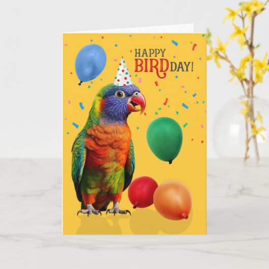 Funny Rainbow Lorikeet Parrot Birthday カード (黄色い花)