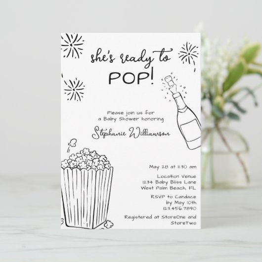 Funny Ready To Pop Popcorn Champagne Baby Shower 招待状 (スタンド正面)