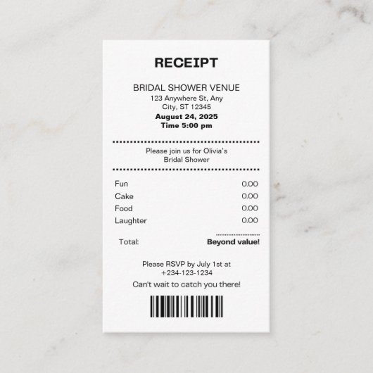 Funny, Receipt theme Bridal shower invitation エンクロージャーカード (正面)