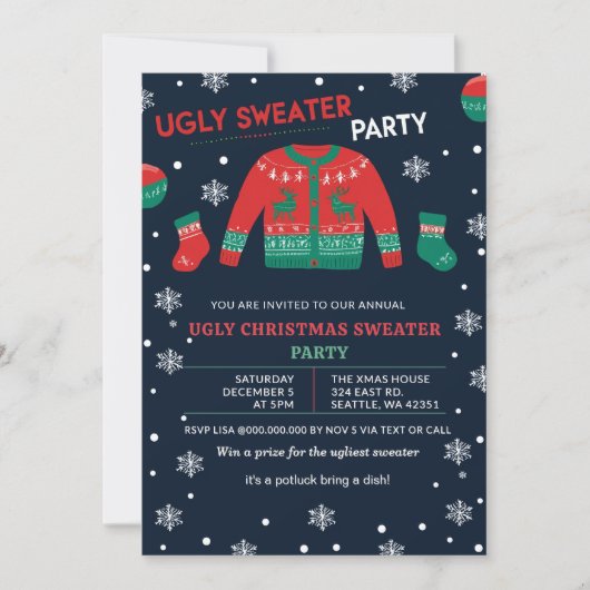 Funny Red Green Ugly Christmas Sweater Party 招待状 (正面)