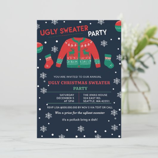 Funny Red Green Ugly Christmas Sweater Party 招待状 (スタンド正面)