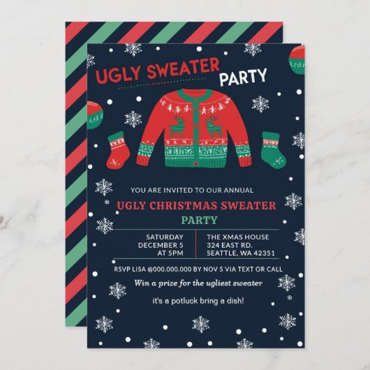 Funny Red Green Ugly Christmas Sweater Party 招待状 (正面/裏面)
