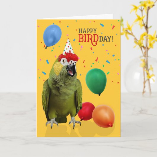 Funny Red Headed Amazon Parrot Birthday Humor カード (黄色い花)
