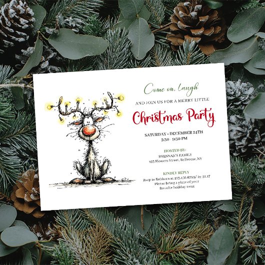 Funny Reindeer Cartoon Holiday Party Invitation 招待状