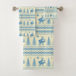 Funny Reindeer Christmas Tree Snow Blue Pattern バスタオルセット