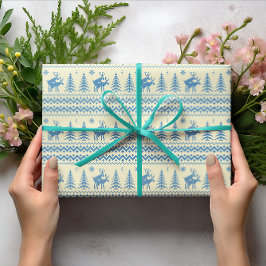 Funny Reindeer Christmas Tree Snow Blue Pattern ラッピングペーパー