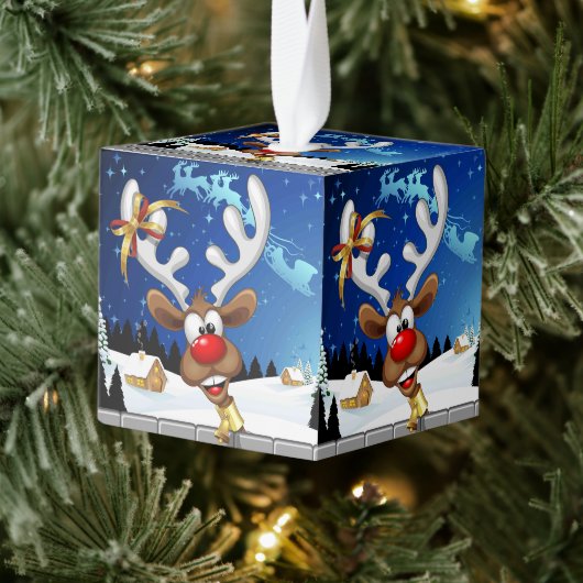 Funny Reindeer Peeking Christmas Meme  キューブオーナメント (ツリー)