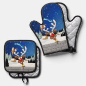 Funny Reindeer Peeking Christmas Meme  鍋つかみ&鍋敷きセット (正面/裏面)