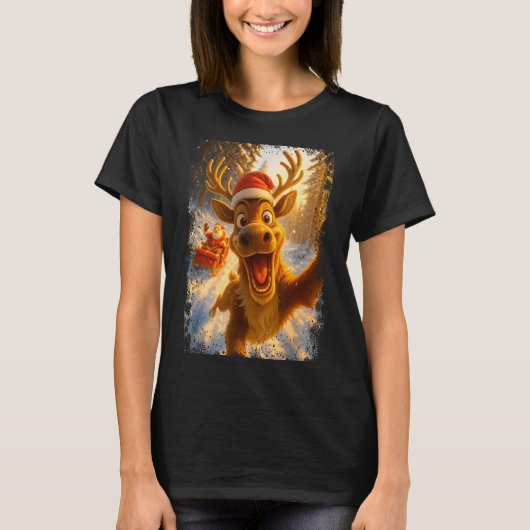 Funny Reindeer Selfie Santa Merry Christmas Men Wo Tシャツ (正面)