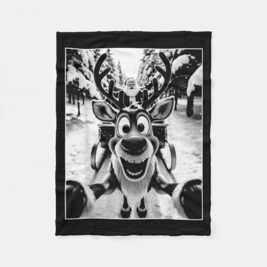 Funny Reindeer Selfie Santa Sleigh Christmas Holid フリースブランケット (正面)