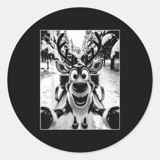 Funny Reindeer Selfie Santa Sleigh Christmas Holid ラウンドシール (正面)