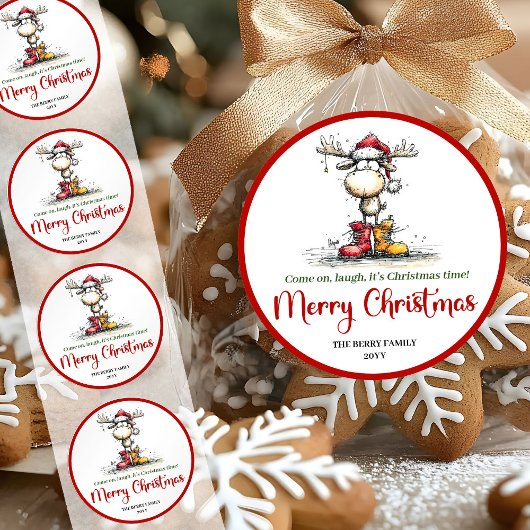 Funny reindeer sticker whimsical red green cartoon ラウンドシール