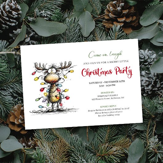 Funny Reindeer Watercolor Christmas Party Card 招待状