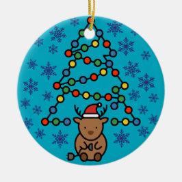 Funny Reindeer with Plug and Christmas Light Tree セラミックオーナメント