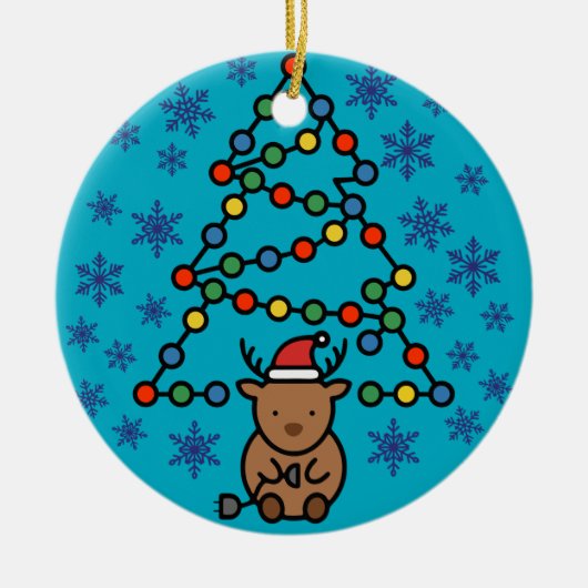 Funny Reindeer with Plug and Christmas Light Tree セラミックオーナメント (正面)