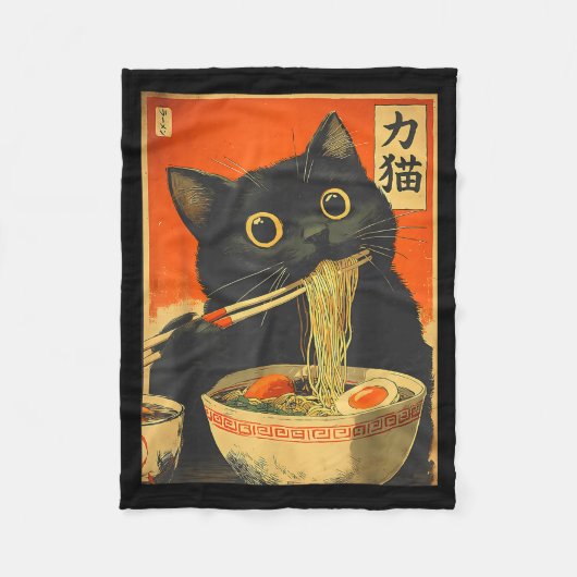 Funny Retro Anime Cat Ramen Japanese Cat Graphic A フリースブランケット (正面)