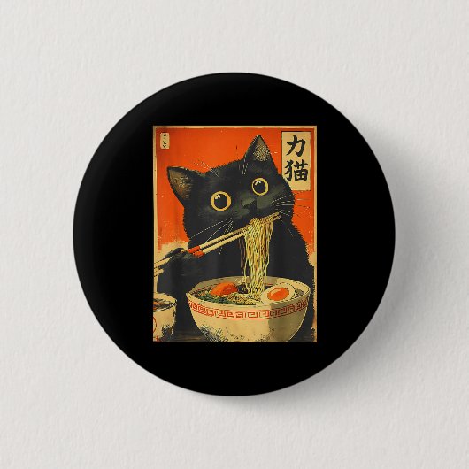 Funny Retro Anime Cat Ramen Japanese Cat Graphic A 缶バッジ (正面)