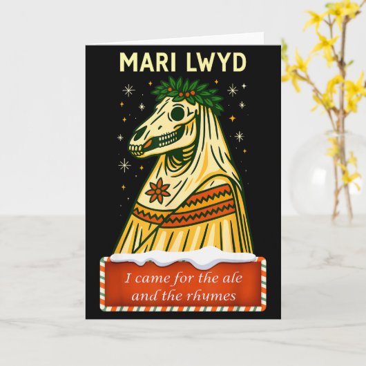 Funny Retro Folklore Skeleton Horse Mari Lwyd Yule カード (黄色い花)