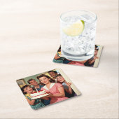 Funny Retro Friends Celebrating a Birthday スクエアペーパーコースター (インサイチュ)