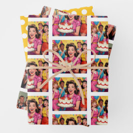 Funny Retro Pop Art Birthday Party Surprise ラッピングペーパーシート