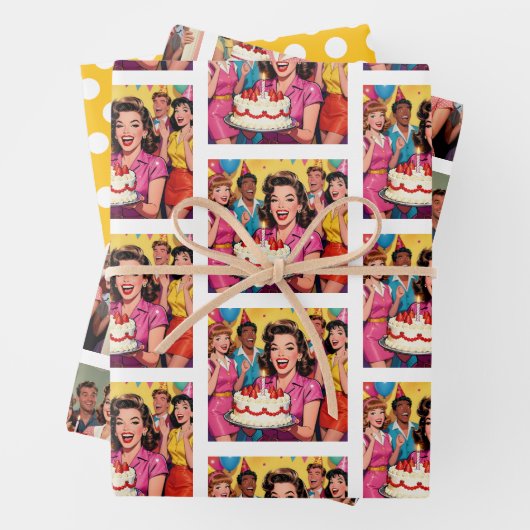 Funny Retro Pop Art Birthday Party Surprise ラッピングペーパーシート (インサイチュ)