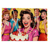 Funny Retro Pop Art Birthday Party Surprise ラージペーパーバッグ (裏面)