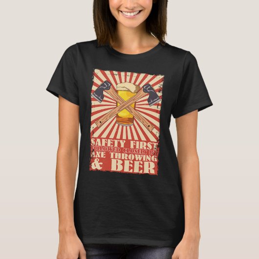 Funny Retro Safety First Axe Throwing and Beer Vik Tシャツ (正面)