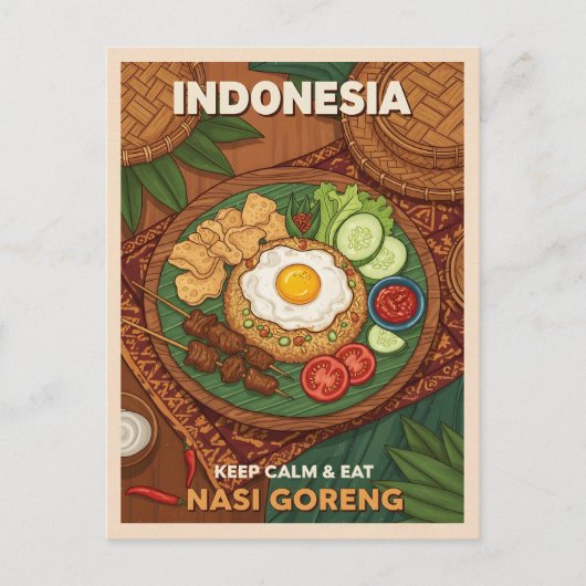 Funny Retro Travel Indonesia Nasi Goreng Food ポストカード (正面)