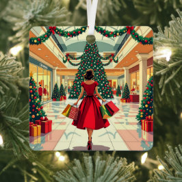 Funny Retro Woman Shopping Mid Century Christmas メタルオーナメント