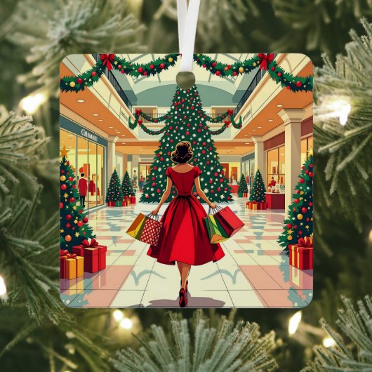 Funny Retro Woman Shopping Mid Century Christmas メタルオーナメント (インサイチュ)