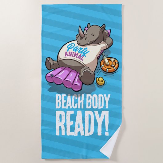 Funny Rhino Beach Body Ready! Pool Party Cartoon ビーチタオル (正面)