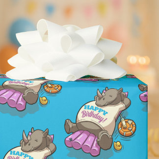 Funny Rhino Happy Birthday! Pool Party Cartoon ラッピングペーパー