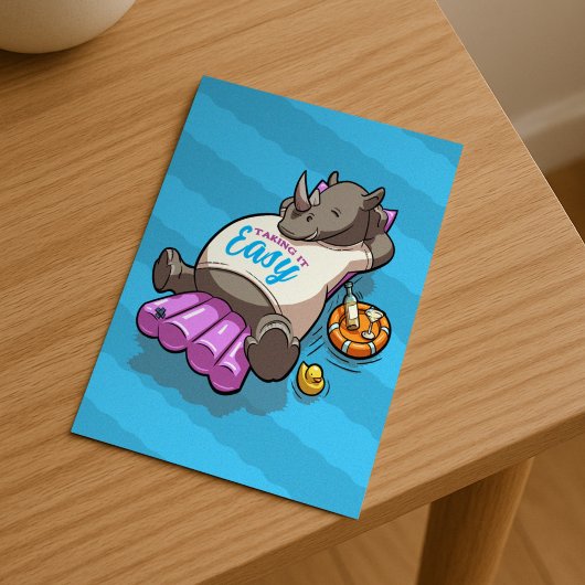 Funny Rhino Taking It Easy Summer Pool Cartoon シーズンポストカード